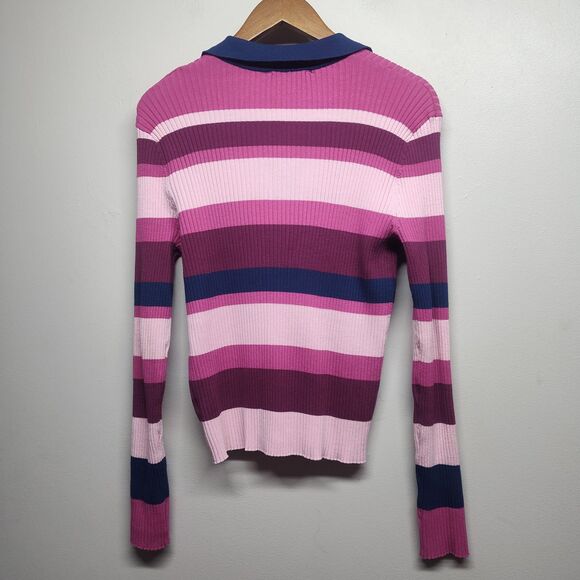 Lesley Evers Sweater Women Size 1X Pink Stripes Collared Long Sleeve Ribbed - Picture 5 of 6